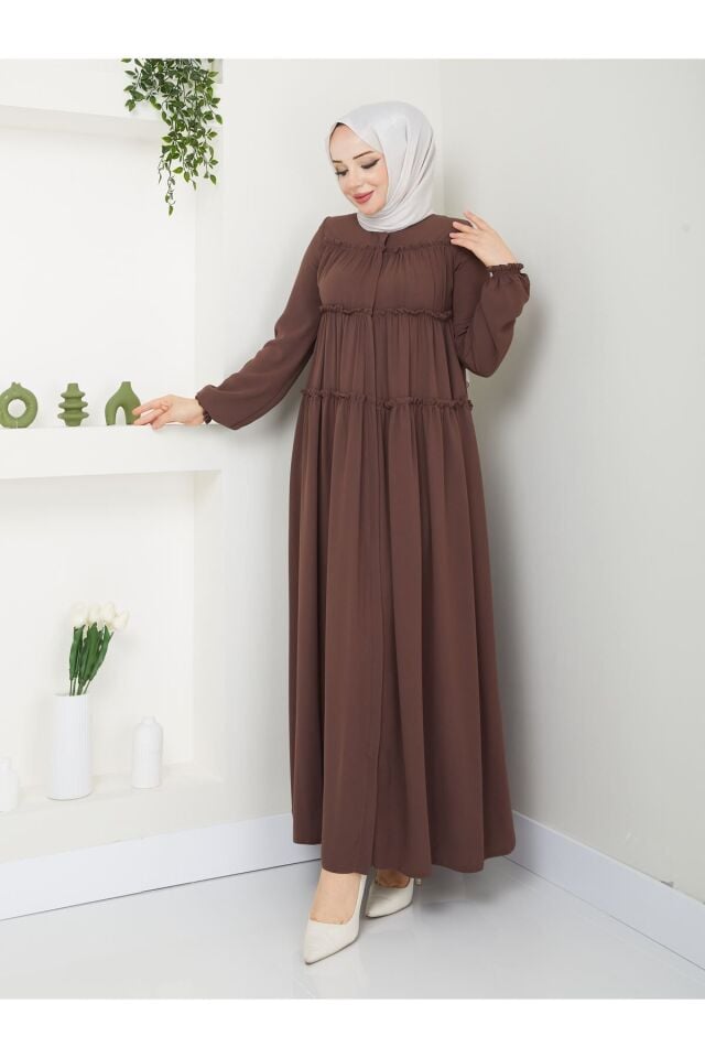 Zeynep Tesettür Üç Kat Model Ferace - Kahve Siyah-387 - K-1050