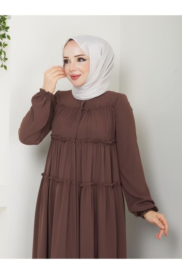 Zeynep Tesettür Üç Kat Model Ferace - Kahve Siyah-387 - K-1050