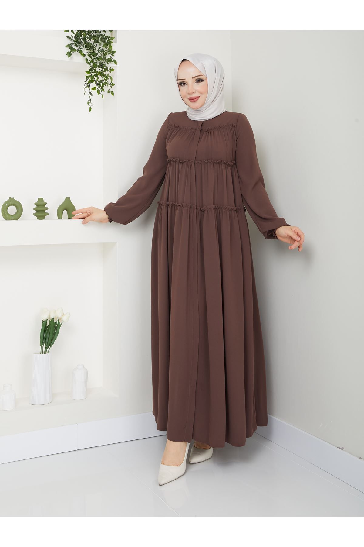 Zeynep Tesettür Üç Kat Model Ferace - Kahve Siyah-387 - K-1050