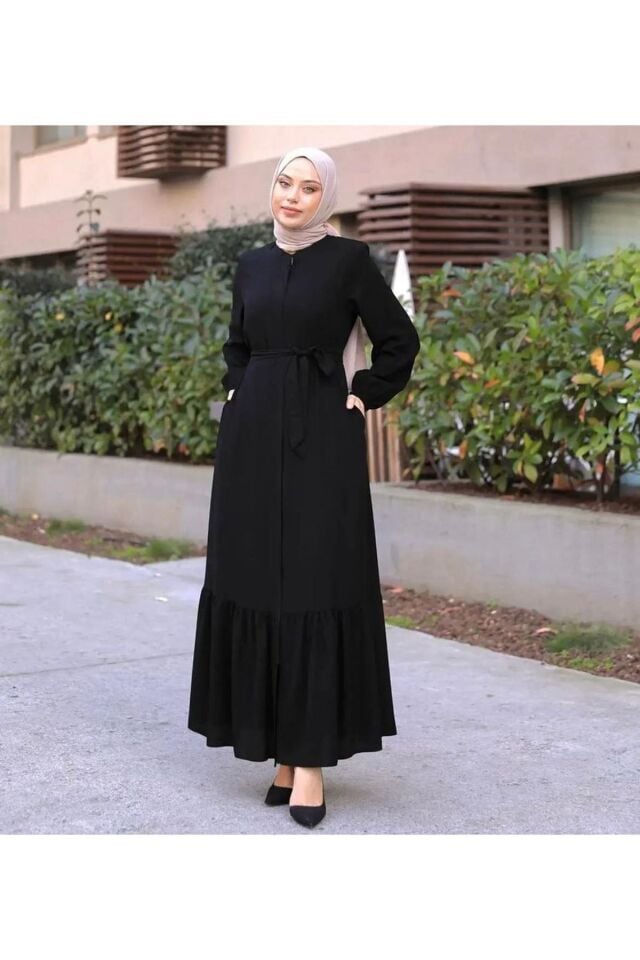 Zeynep Tesettür Eteği Fırfırlı Model Abaya - Siyah Siyah-297 - Z-161