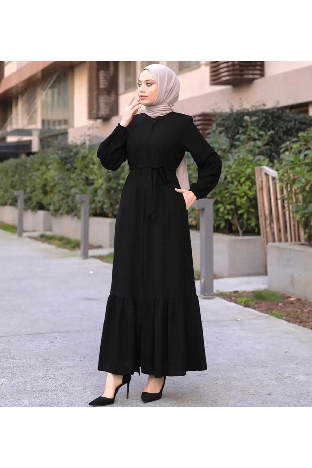 Zeynep Tesettür Eteği Fırfırlı Model Abaya - Siyah Siyah-297 - Z-161