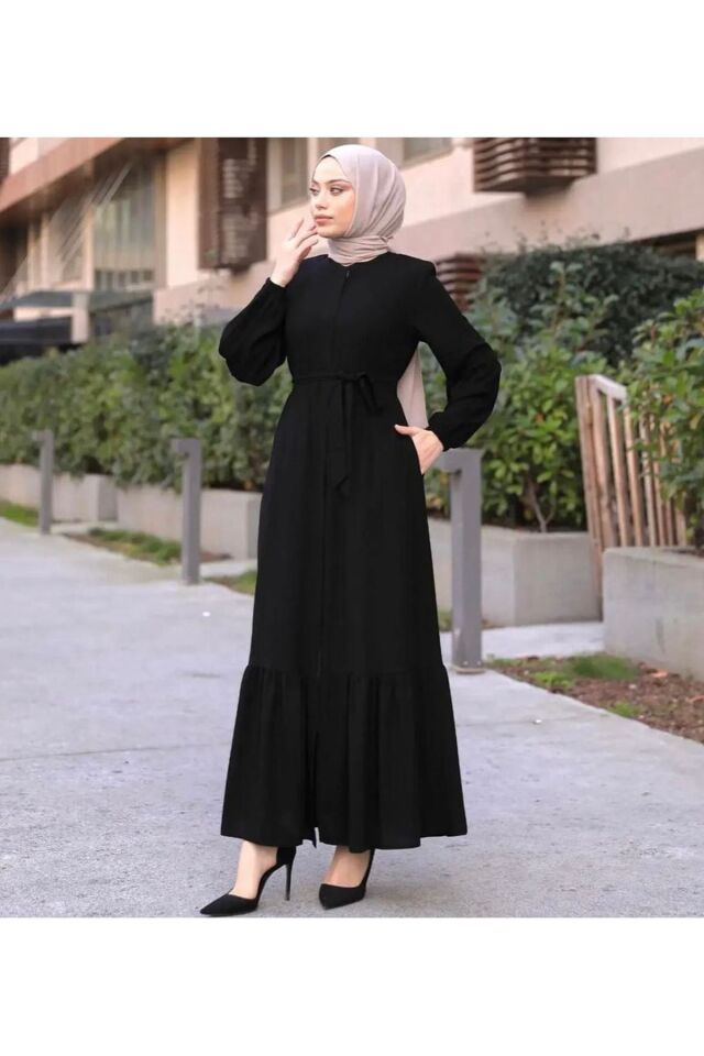 Zeynep Tesettür Eteği Fırfırlı Model Abaya - Siyah Siyah-297 - Z-161