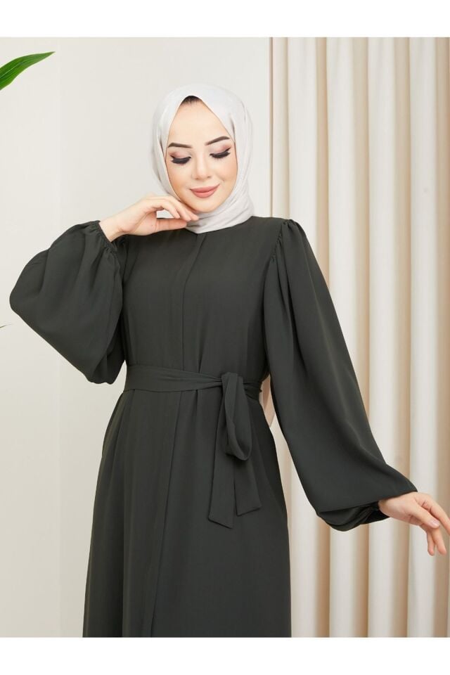 Zeynep Tesettür Ebrar Model Abaya - Asker Yeşili Siyah-161 - Z-133