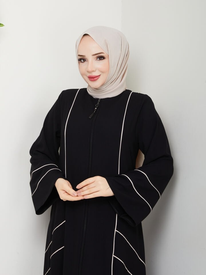 Zeynep Tesettür Çapraz Biyeli Ferace - Siyah/Bej