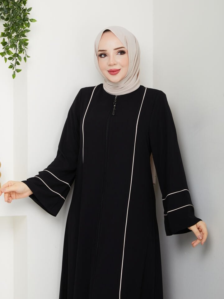 Zeynep Tesettür Düz Biyeli Ferace - Siyah/Bej