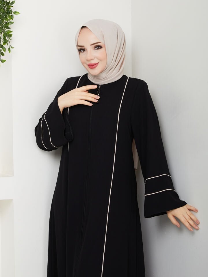 Zeynep Tesettür Düz Biyeli Ferace - Siyah/Bej