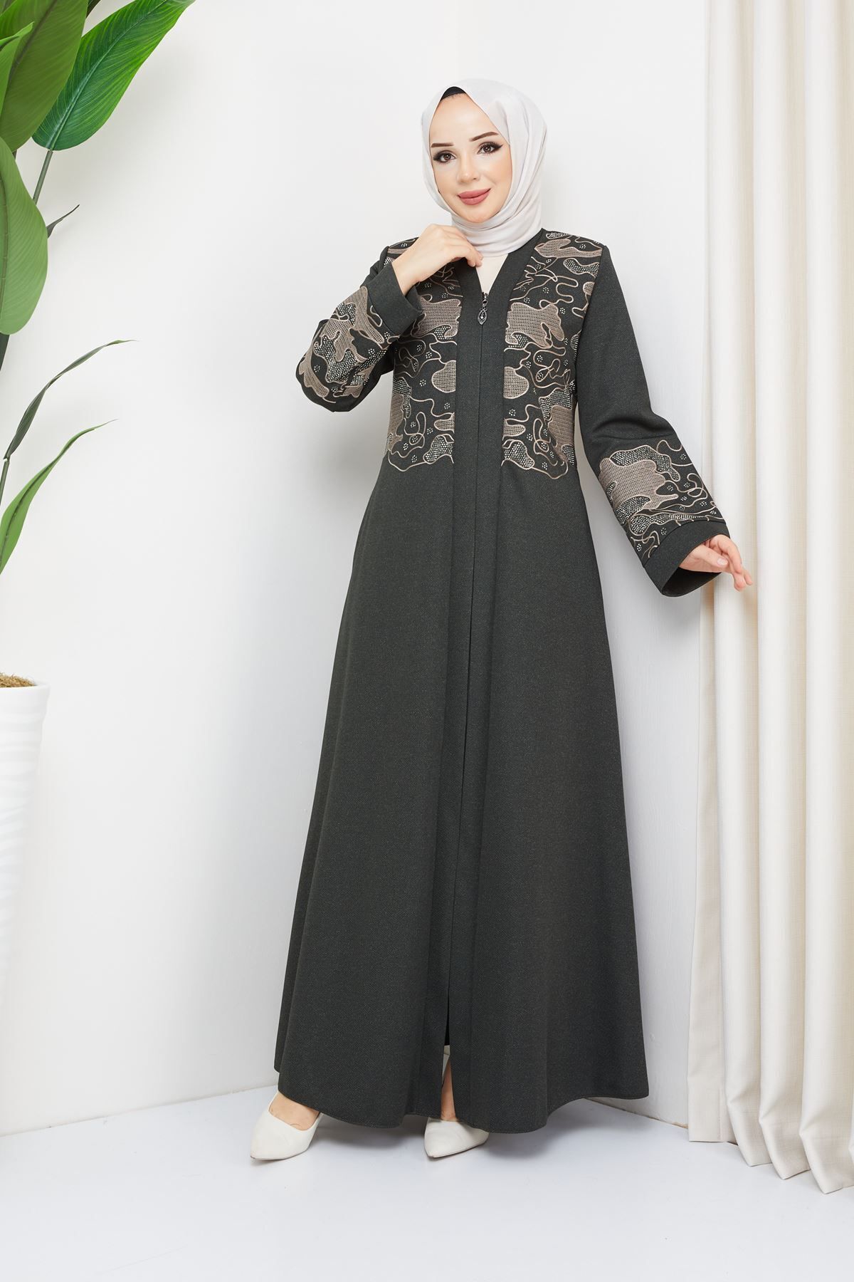 Zeynep Tesettür Desenli kışlık -FÜME Füme-342 - K-100 48 - Füme