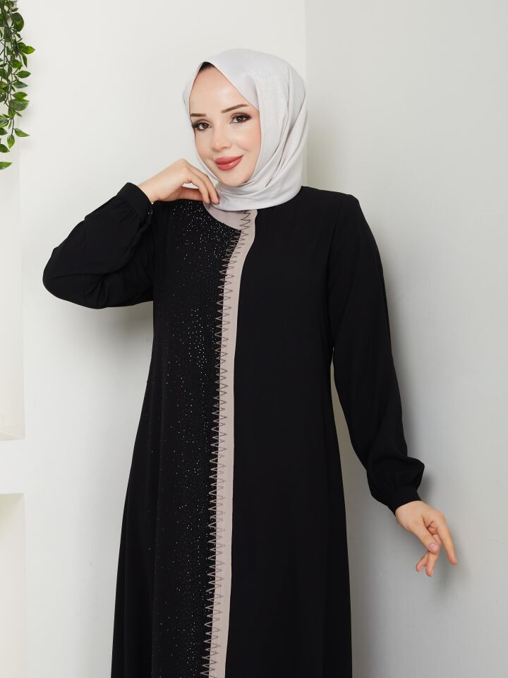 Taşlı 2 Renkli Ferace - Siyah
