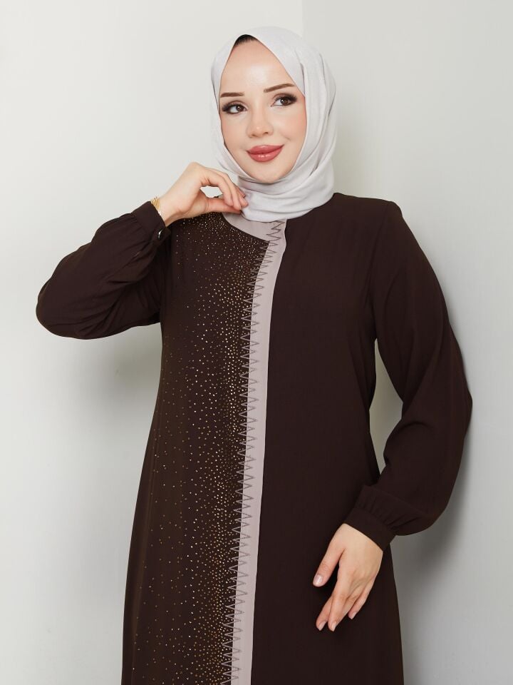 Zeynep Tesettür Taşlı 2 Renkli Ferace - Acı Kahve