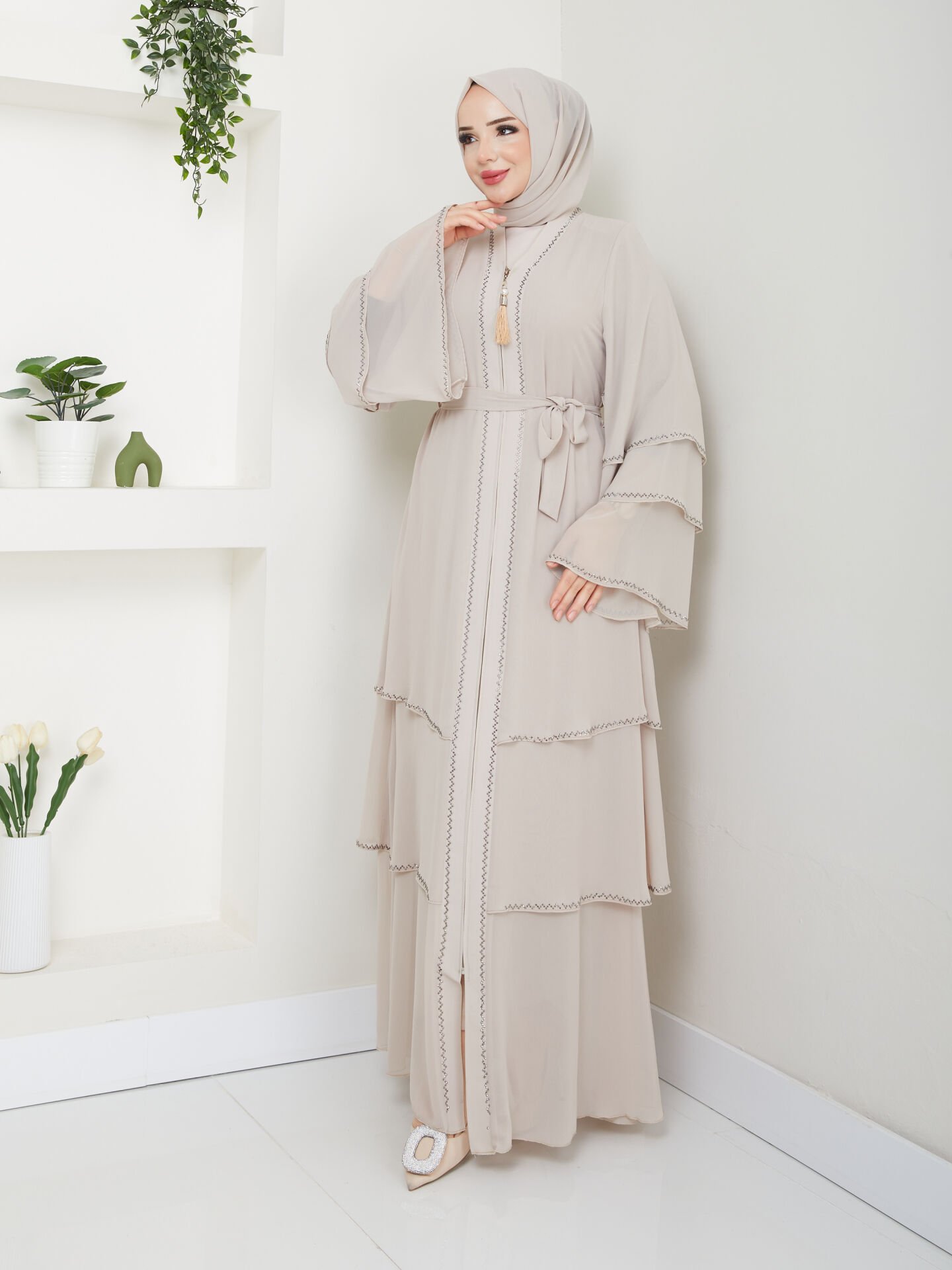 Zeynep Tesettür Şifon Abaya - Krem